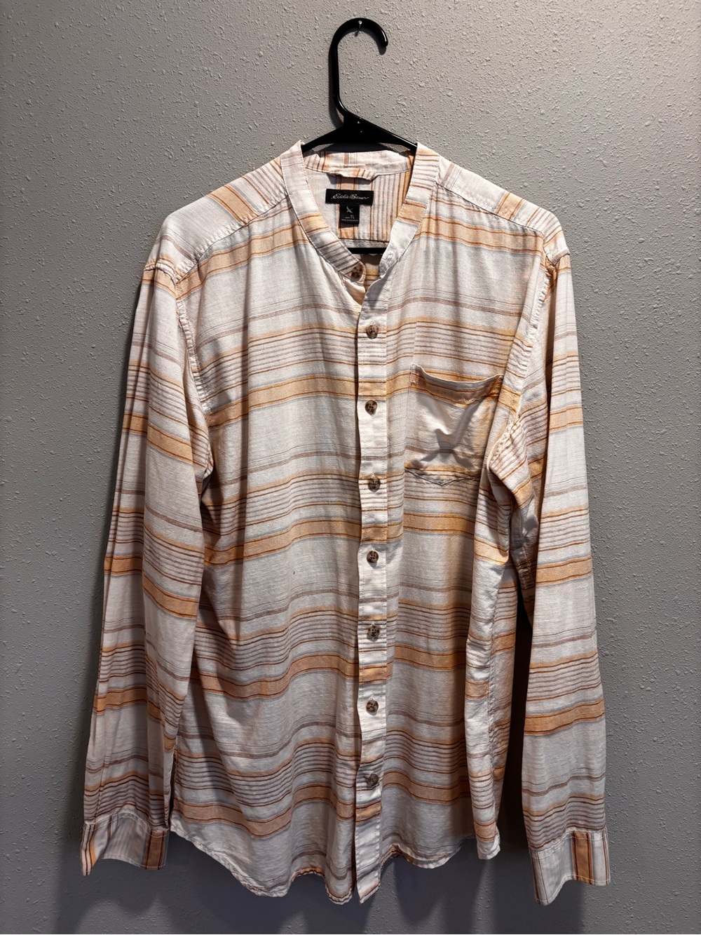 Eddie Bauer Cream and Tan Striped Band-Collar Button Shirt